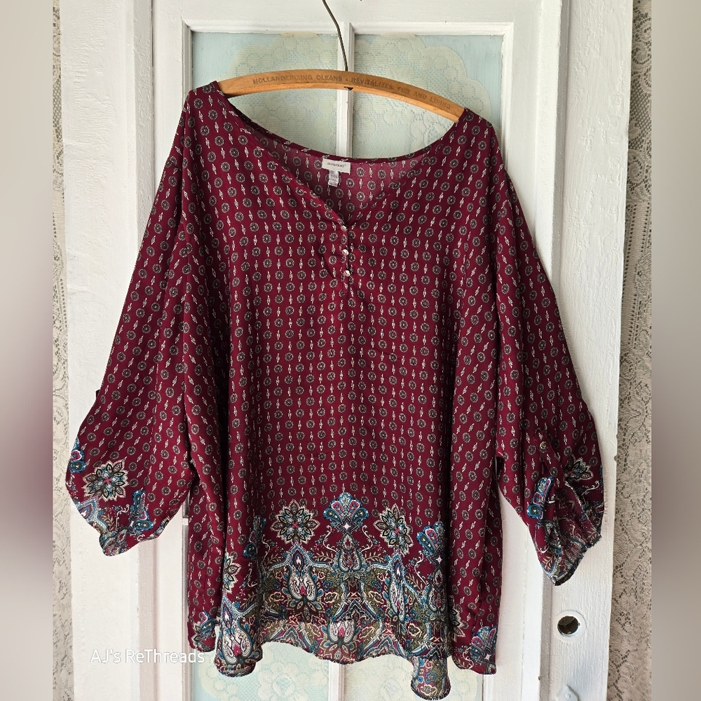 Avenue Burgundy Boho Floral Border Blouse | Size 30/32 Plus